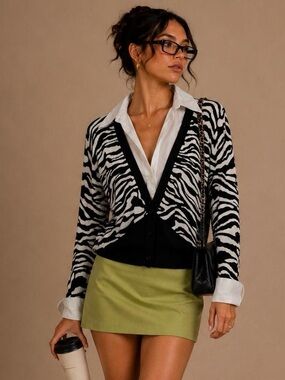 INC International Concepts Black & White Zebra V-Neck Button Cardigan